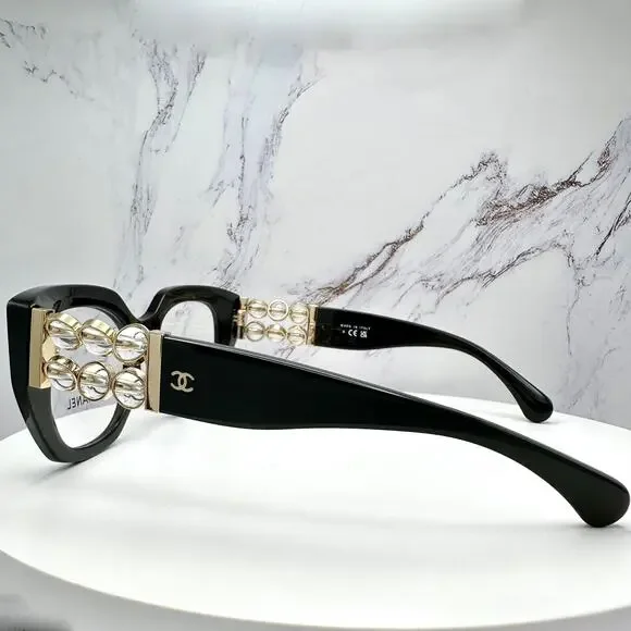 New CHANEL Eyeglasses Black Gold Cat Eye Clear Rotating Pearls 52mm - Picture 11 of 15